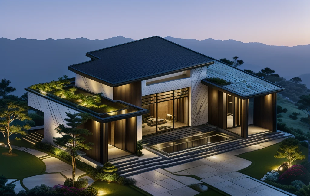 3D render of a beautiful house, Dark, gray tones, white wall. lumion render, night time render, insanely detailed rendering, realistic architecture, architectural visualization. The staircase leading into the house is tiled with black marble and has bright LED lights. Behind are hills and mountains with clear blue sky. The house with a large porch to sit and drink tea and LED lights, there is a large patio with a POOL, pine trees, grass, garden stones, roses, modernism, vivid and detailed, zen garden, lush garden surroundings, residential design, lush landscaping, dense with greenery, pristine and clean design, clean and pristine design. FLOWER GARDEN OF THE HOUSE WITH GREEN TREES AND LIGHTS. The main door is made of black aluminum and glass reaching up to the ceiling. Looking through the glass windows to look inside the house with luxurious interiors with luxurious and warm lights, interior lighting rendering and lighting effects. marble and wood and glass, dark and modern, luxcore render, taken with professional photography techniques, using a wide angle lens with bright natural light and high resolution details, in the style of professional photograph, hyper realistic, highly detailed.