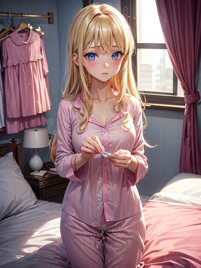 an adult woman, Blonde, loose hair, blue eyes, with pink pajamas, waking up on a rainy day in his room