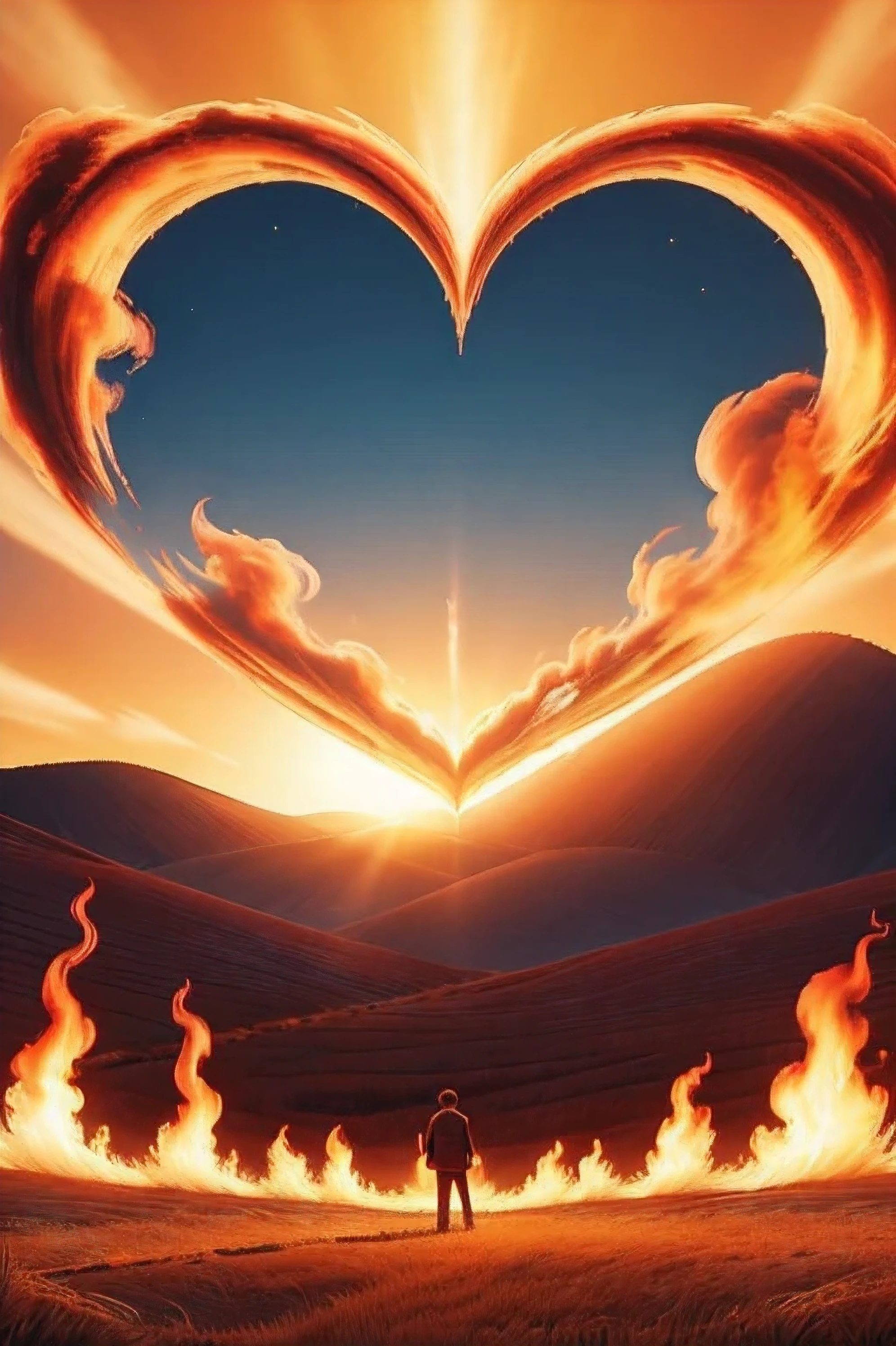make a music cover with a burning field in the shape of a heart