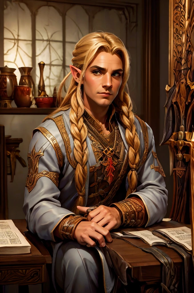 magical bracers, a large curved blade, hair braided, A sword on the wall behind him, a 40-year-old Male Elf is sitting behind a table filled with papers and open books the background an office or a library with lots of papers and maps on the wall. He is wearing a Taoist cleric robe. There is a sword on the wall behind him.
