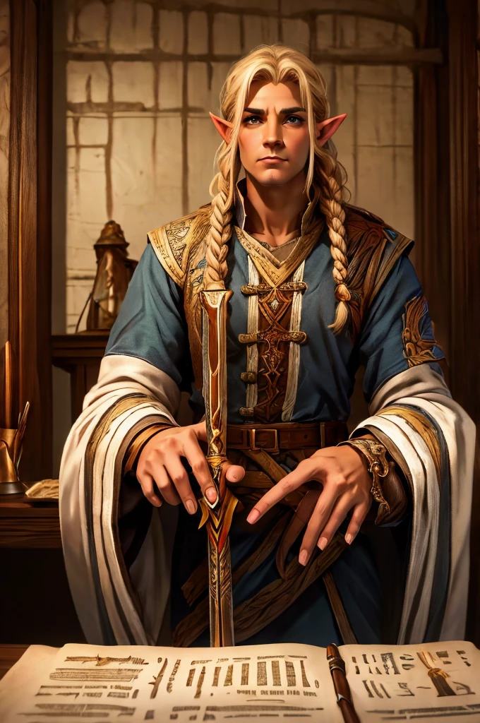 magical bracers, a large curved blade, hair braided, A sword on the wall behind him, a 40-year-old Male Elf is sitting behind a table filled with papers and open books the background an office or a library with lots of papers and maps on the wall. He is wearing a Taoist cleric robe. There is a sword on the wall behind him.
