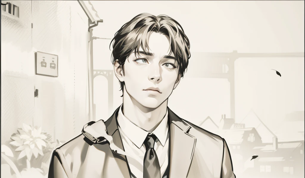 he is talking thoughtfully sad, in the background you can see a town house