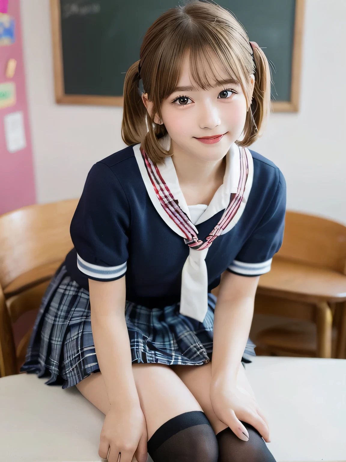 (Highest quality,High resolution,masterpiece:1.3),Tabletop、((Blonde)),Highest quality、figure、 Super detailedな、High resolution、8k wallpaper、Perfect dynamic composition,、Beautiful attention to detail、Natural color lip、Bold sexy pose、smile、13-year-old girl、cute、sexy shot looking at camera、(Highest quality: 1.3), (masterpiece: 1.3), (Super detailed: 1.3), (wallpaper, One Girl: 1.1), (Detailed hands and fingers:1.2)、(Ultra-oily, lustrous skin with attention to detail:1.1)、Oily shiny knee socks、(The perfect school girl uniform:1.3)、Sailor suit、(Beautiful small breasts:1.3)、(Red checkered mini skirt:1.2)、Sit with your legs apart、Blonde、short hair、Twin tails、Beautiful sister、Pink wall