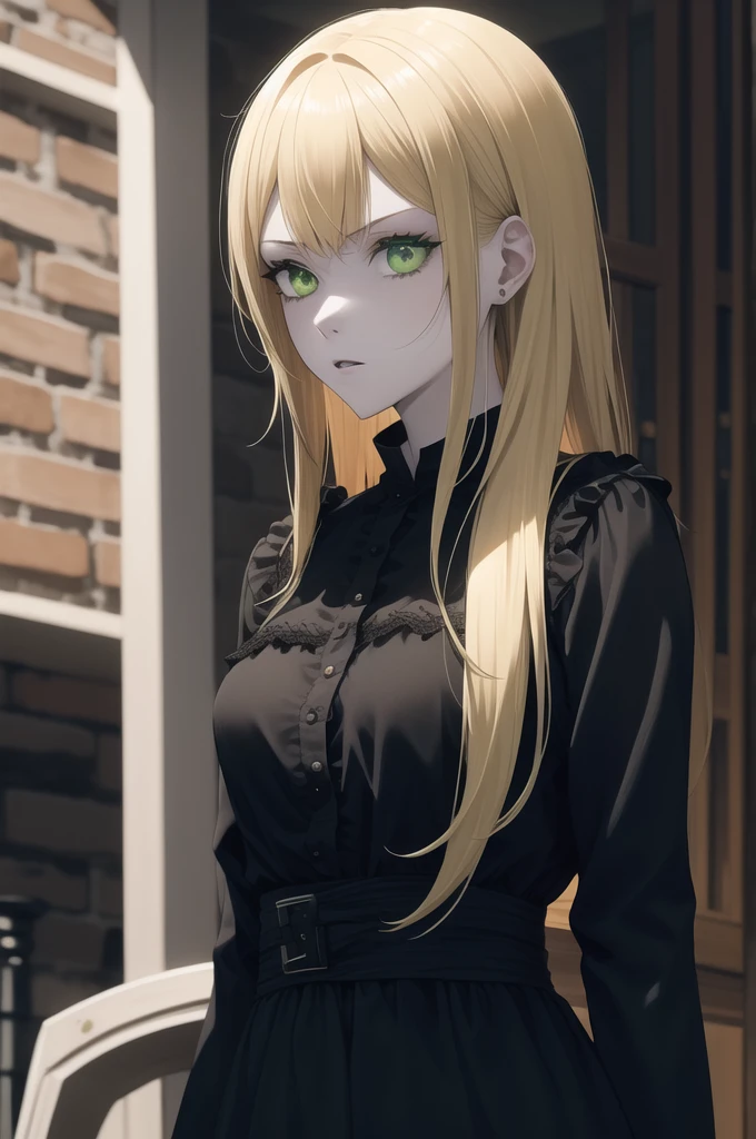 Blonde, intense green eyes, black dress, pale skin
