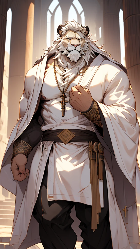 (masterpiece),(highres),(intricate details:1.4),extremely detailed,(illustration:1.2),8k,photorealistic,exquisite,,aged,elder male lion ,muscular,(bishop :1.7),(Ancient Greek mythological style;1.8),(loose white robe:1.6),manhood,safeguard,(white hair:1.3),long hair,long white beard,scar,(badly damaged),(sacrifice),hurt,broken body ,(bulging crotch:1.8),(homosexual),(naked)