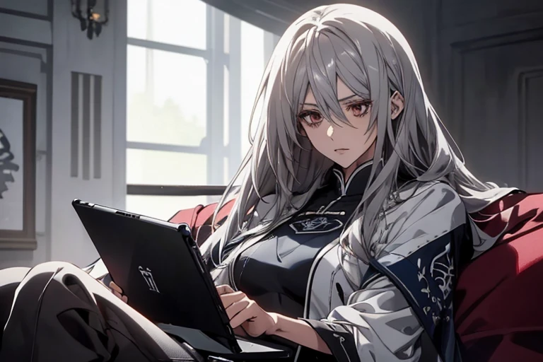(Confused, High resolution, Very detailed), 1 female, Silver Hair,Long Hair,Reddish brown eyes,Blue and black pilot suit,24th generation,beauty,mature,thin,quiet,Calm,On the couch,Work with your tablet,White long cloak,