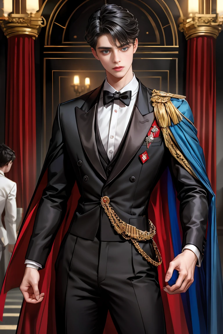masterpiece, 最high quality, high quality, 1 boy, alone, Male focus, Watching the audience, Messy black hair, Adorable big blue eyes, White people, Noble, Noble,Sexy voluminous black and red cape、Tuxedo、A very voluminous, large, very large, very large, long, long red and black cape with a high stand-up collar, made of a lot of fabric that reaches down to the floor., 17 years old,Cute beautiful boys,Cute, cute, kind, handsome guy