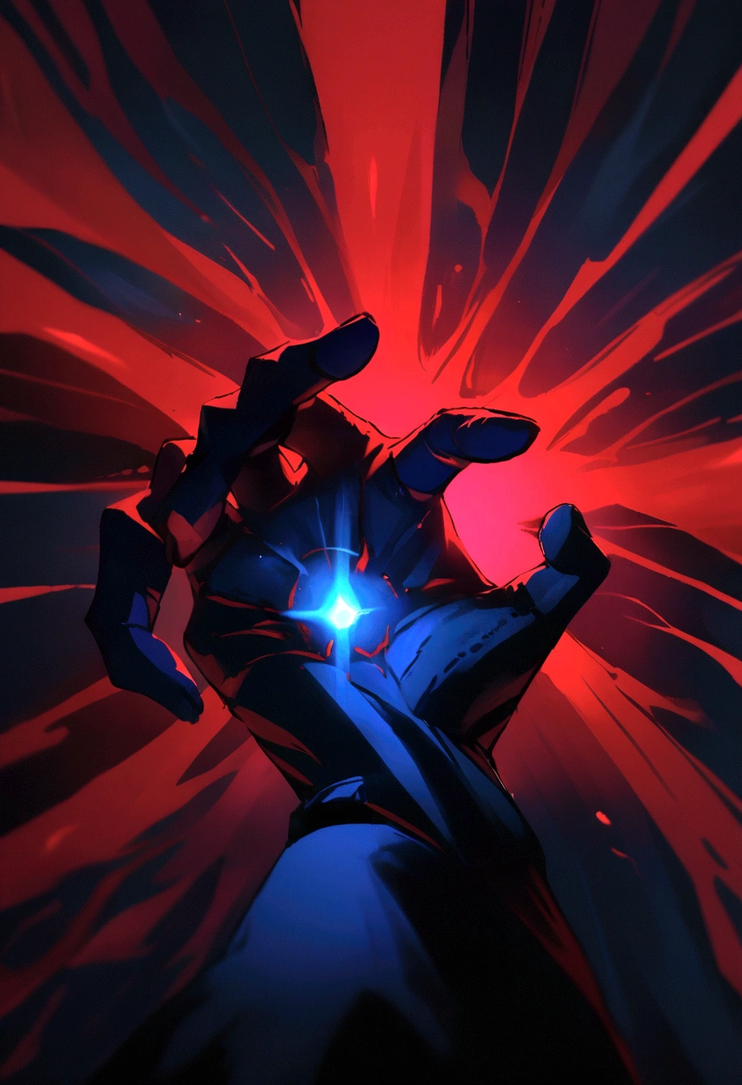 half of the image red and the other half blue, in the middle of the image a hand that symbolizes control, image with aggressive lights