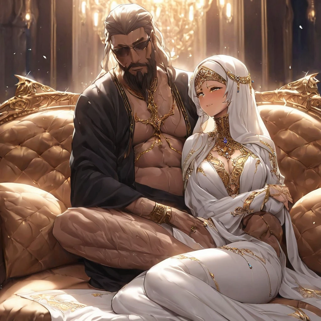 ((Highest quality)), ((masterpiece)), (detailed), (Perfect Face)、The naked man and the woman are having intense, insemination sex and making love, and the woman embraces the man, hugging him and accepting his dick into her pussy.、The woman is an Arab with vivid brown skin, a devout Muslim, and is living in an Islamic mansion wearing a gorgeous and glittering abaya with gold embroidery, a gorgeous hijab, a gorgeous hair ornament, gorgeous jeweled accessories and an engagement ring. The woman and the man are sitting on a gorgeous and large sofa in the luxurious room, and the woman is passionately embracing and passionately deep kissing the dignified, bearded, middle-aged Arab Muslim man wearing Arab national dress, making passionate love as a married couple.、The woman is an elegant Arab with blue, medium-long hair, wearing an abaya and a gorgeous hijab. She is a Muslim with a vivid brown skin.、(The woman is a dark-skinned Arab devout Muslim Extia.)、The man is a Muslim, dignified, bearded, middle-aged Arab man.