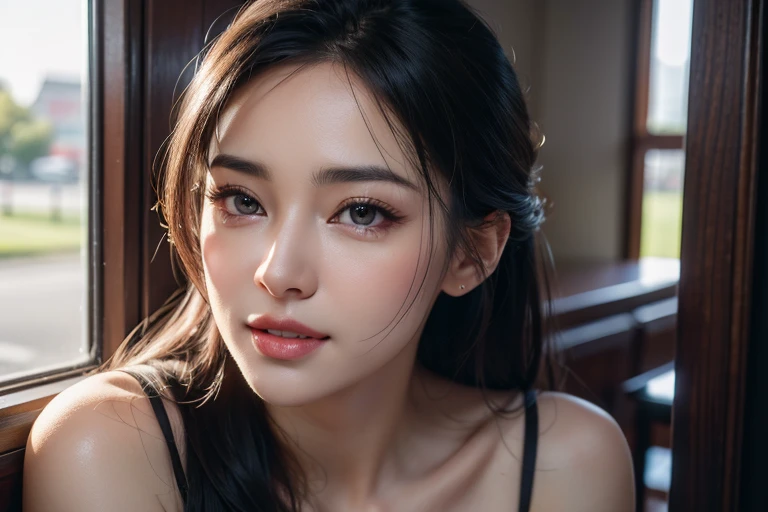 a gorgeous busty woman, beautiful detailed eyes, beautiful detailed lips, extremely detailed face, long eyelashes, lingerie, beautiful detailed smile, beautiful detailed teeth, POV, lover, cinematic dramatic lighting, (best quality,4k,8k,highres,masterpiece:1.2),ultra-detailed,(realistic,photorealistic,photo-realistic:1.37),HDR,UHD,studio lighting,ultra-fine painting,sharp focus,physically-based rendering,extreme detail description,professional,vivid colors,bokeh,portrait,photorealistic,cinematic