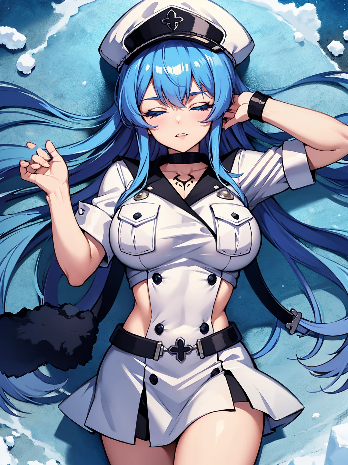 (artwork, best quality) a girl with long blue hair, closed eyes, blue eyelashes, white sailor suit with captain's hat, big breasts, perfect body, pretty eyes, good waist, tattoo, screaming with joy, arms and legs open, lying in the snow