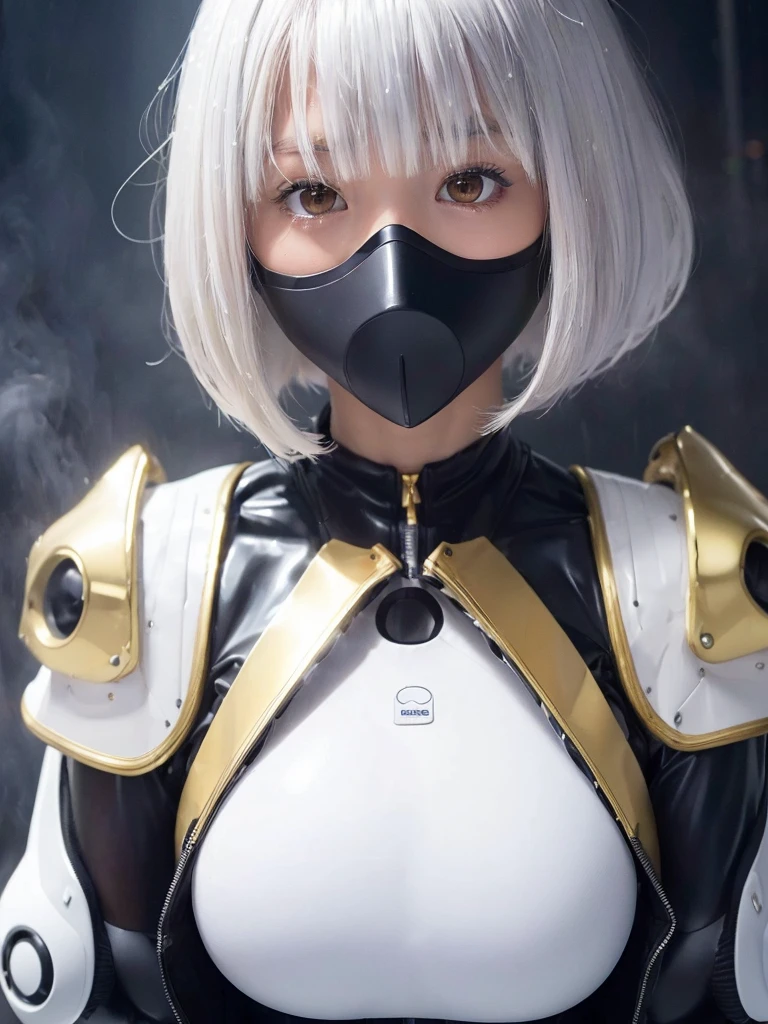 (bangs:1.3), (deep mist :1.5), (mixed white hair :1.4),(perfect skin girl:1.4),(beautiful hair1.3),(gigantic boobs:1.3)
(pile carbon suits:1.3),(neatly groomed short hair :1.4),(gold eyes:1.3)