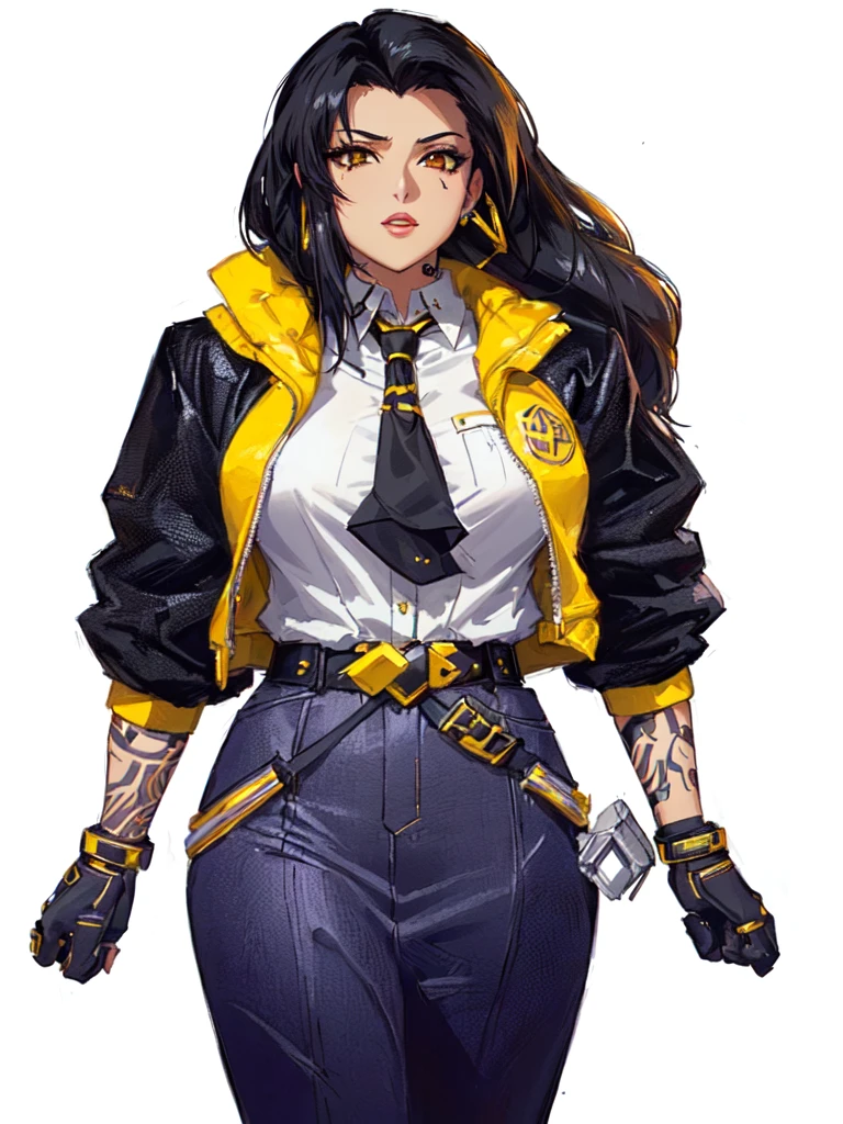 a close-up of a woman in a yellow jacket and black tie, She has gloves and earrings in the shape of hoops and her body is complemented with tattoos, faye san valentin, kate obispo, Judy Alvarez Cyberpunk, wearing cyberpunk jacket 2 0 7 7, Portrait of Tifa Lockhart, faye san valentin from cowboy bebop, Loba Andrade de Apex Legends, Brigitte de Overwatch, Portrait of Tifa Lockhart, jet black haired cyberpunk girl, cyberpunk femme fatale