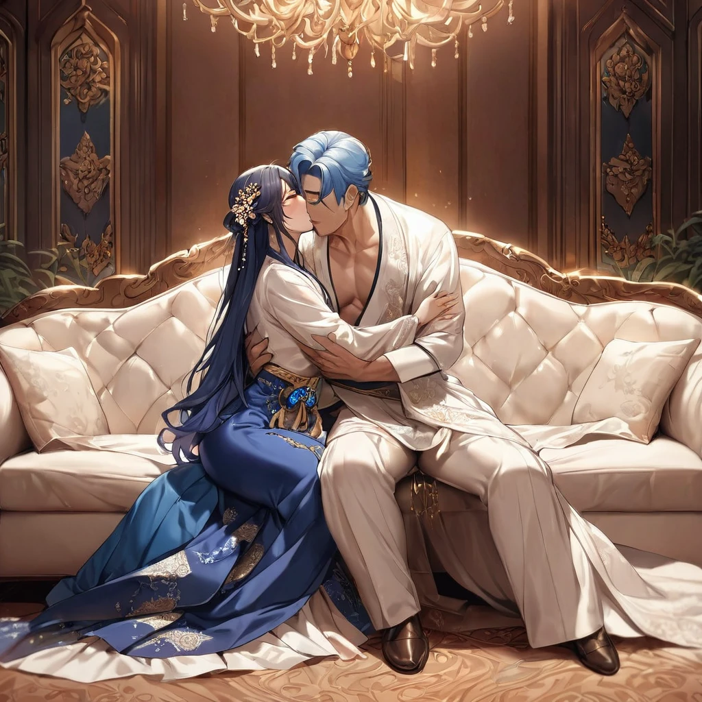 ((Highest quality)), ((masterpiece)), (detailed), (Perfect Face)、A naked man and a woman have intense creampie sex and make love、The woman is a Thai woman in an elegant Thai mansion, wearing a gorgeous and glittering swarai with gold embroidery, gorgeous jeweled accessories and an engagement ring. The man and woman are sitting on a luxurious and large sofa in the luxurious room, and the woman is passionately embracing and passionately kissing the middle-aged Thai man wearing a dignified and sturdy Thai national costume, making passionate love as a married couple.、The woman is an elegant Thai beauty with medium-long blue hair.、The man is a dignified, muscular, bearded, middle-aged Thai man.
