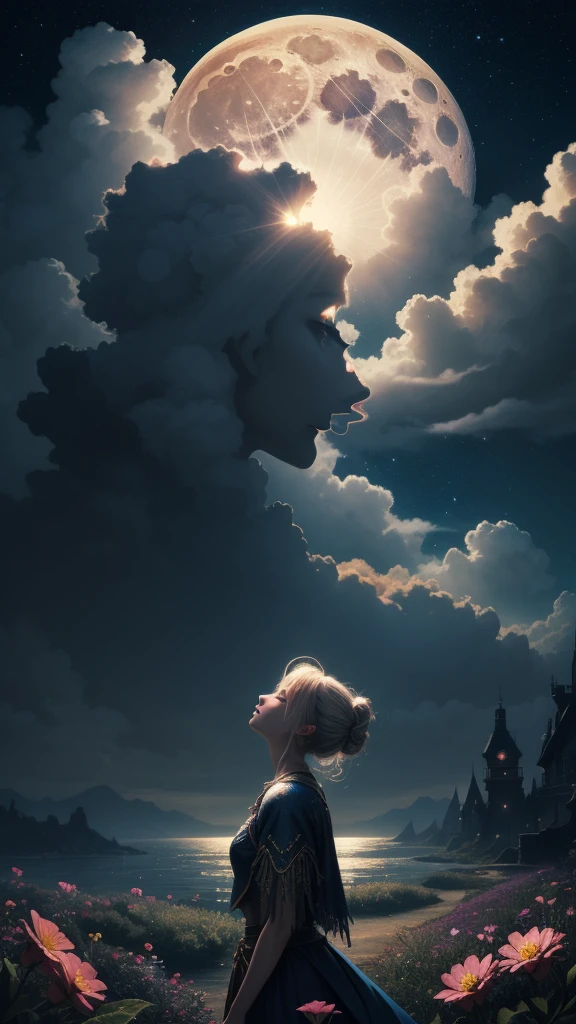 "((Fantasy art)) featuring an alien girl, immersed in a heavenly symphony, clouds turn into bright splashes, flowers are scattered, like notes in the wind, visual orchestration of color and wonder" night , full moon