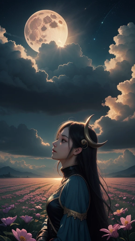 "((Fantasy art)) featuring an alien girl, immersed in a heavenly symphony, clouds turn into bright splashes, flowers are scattered, like notes in the wind, visual orchestration of color and wonder" night , full moon