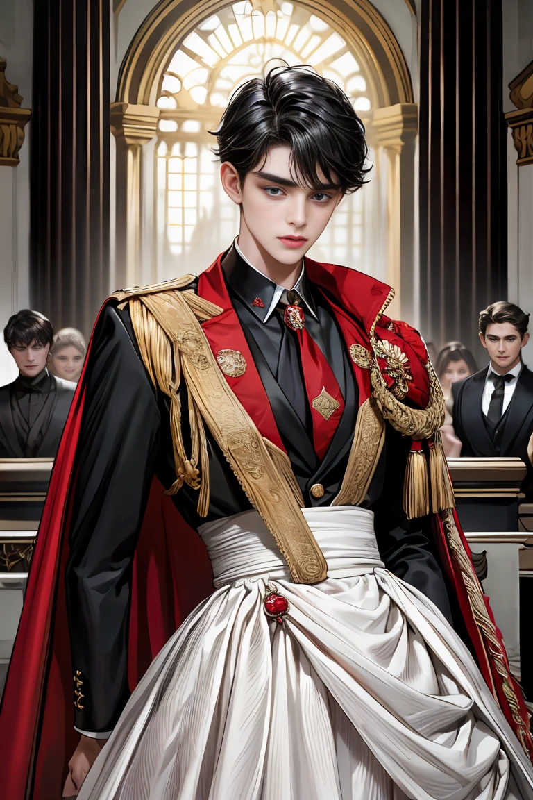 masterpiece, 最high quality, high quality, 1 boy, alone, Male focus, Watching the audience, Messy black hair, Adorable big blue eyes, White people, Noble, Noble,Sexy voluminous black and red cape、Tuxedo、A very voluminous, large, very large, very large, long, long red and black cape with a high stand-up collar, made of a lot of fabric that reaches down to the floor., ,Cute beautiful boys,Cute, cute, kind, handsome guy