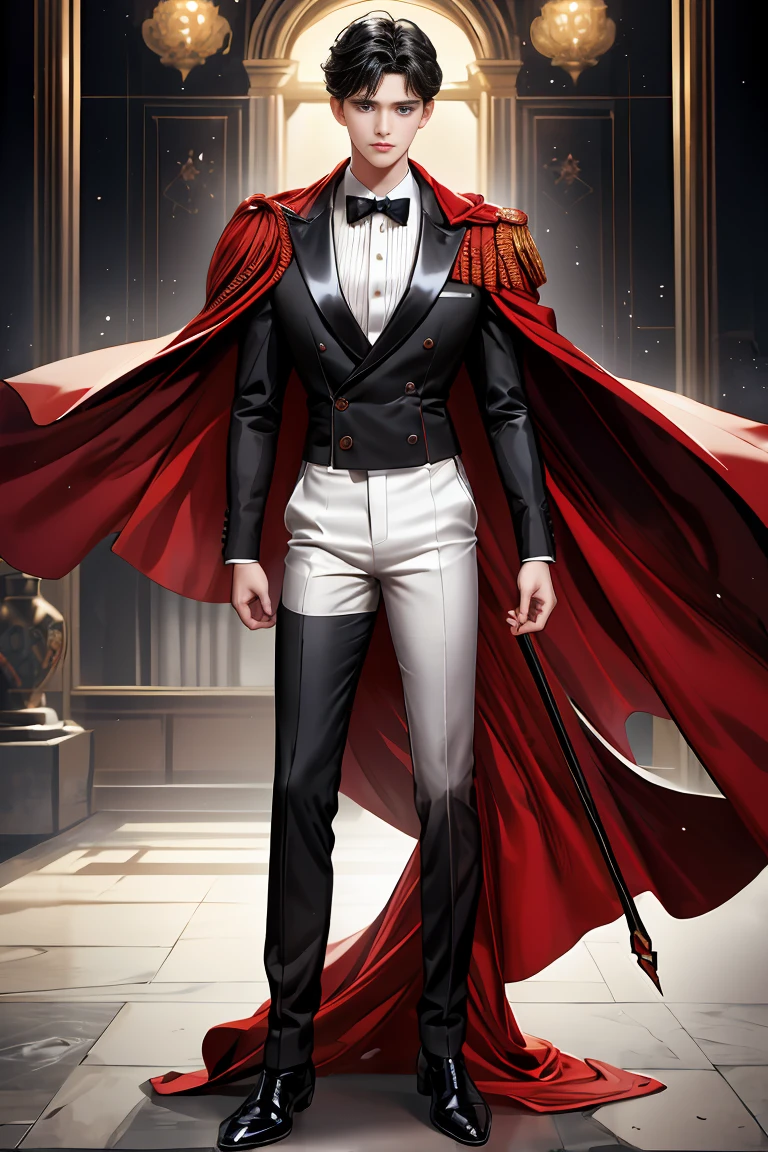 masterpiece, 最high quality, high quality, 1 boy, alone, Male focus, Watching the audience, Messy black hair, Adorable big blue eyes, White people, Noble, Noble,Sexy voluminous black and red cape、Tuxedo、A very voluminous, large, very large, very large, long, long red and black cape with a high stand-up collar, made of a lot of fabric that reaches down to the floor., 17 years old,Cute beautiful boys,Cute, cute, kind, handsome guy
