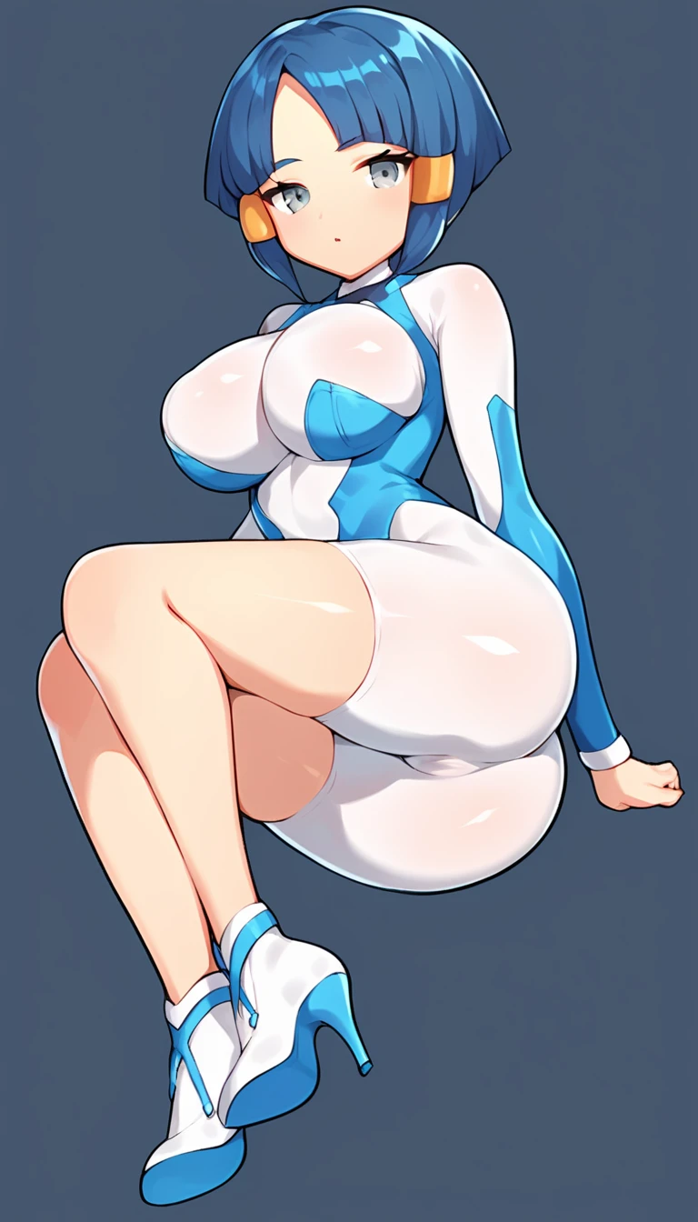 best quality,ultra detailed,solo,score_9, score_8_up, score_7_up, score_6_up, score_5_up, score_4_up, source_anime, 1girl, clara, blue hair, hair tubes, grey eyes, bodysuit,big breasts, sexy pose, (behind view,portrait),full body, sranding on lava,heavenly ass, heavenly breasts, big ass, no shoes, wearing white heels, upset, cute, face, long legs, tight bodysuit, tight sleeves, white bodysuit, half-closed eyes, backside
