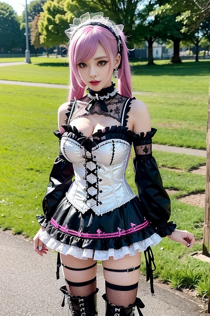 sexy stylish female model, only 1 female, ((doll-like appearance)), long dramatic stylish hair, ((shiny Punk-Style boots)), (big smile), ultra detailed eyes, Punk makeup, lip-gloss, ((sexy Punk Lolita cosplay)), unconventional skirt, petticoats, high neckline, ((ultra detailed lace)), ((ultra detailed embroidery)), intricate details, tartan patterns, safety pins, Punk Lolita accessoires, Punk Lolita choker, ((large sparkling Punk Lolita jewelry)), cinematic light, detailed large park background with trees