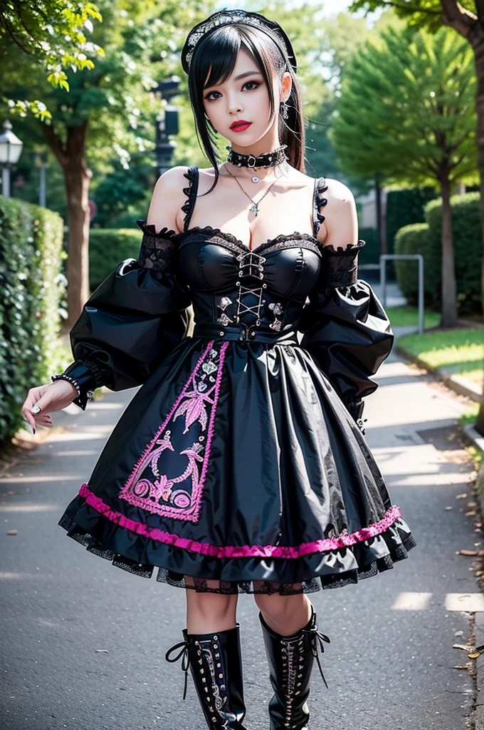 sexy stylish female model, only 1 female, ((doll-like appearance)), long dramatic stylish hair, ((shiny Punk-Style boots)), (big smile), ultra detailed eyes, Punk makeup, lip-gloss, ((sexy Punk ta cosplay)), unconventional skirt, petticoats, high neckline, ((ultra detailed lace)), ((ultra detailed embroidery)), intricate details, tartan patterns, safety pins, Punk Loliccessoires, Punk Lolita cr, ((large sparkling Punk Lolita jewel, cinematic light, detailed large park background with trees