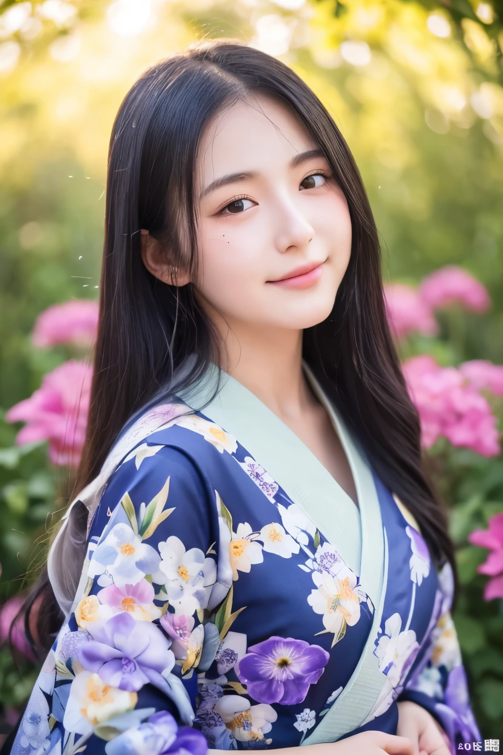 Super super realistic、high quality、Very detailed、Ultra-high resolution、Black Hair、Long Hair、The Beauty of Japan、No makeup、double、Wide-set eyes、Sensual eyes、Sleepy eyes、Apple Cheeks、Alabaster peel、Thin eyebrows 、teeth、Thick lips、Big Hips、sad、behind、Embarrassing 、Apply blush all over the face、Sticking out tongue、Mole under eye、Half-closed eyes、Hollow Eyes、envy、Exhausted、19 years old、height: 147cm、she wearing deep purple and black kimono、standing on Flower Meadow of Delphinium、sunlight、full body、blue sky、glint、