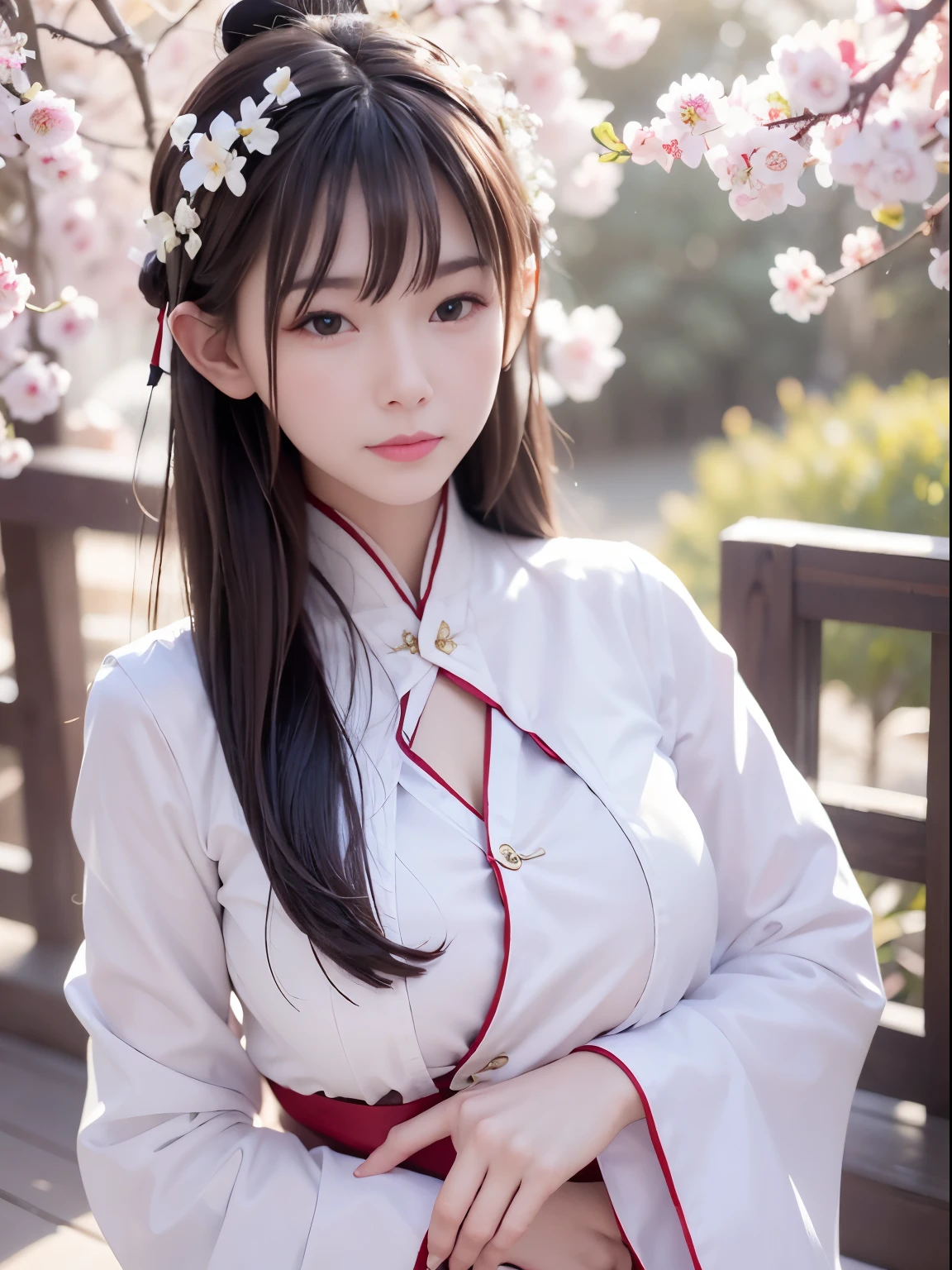 young woman wearing white hanfu,Nice face,accurate brunette,clean plum blossom background,character first point of view,Highlight the central position of the character,Heads-up lens,depth of fields, tmasterpiece, hyper HD,Ultra-fine details,high high quality