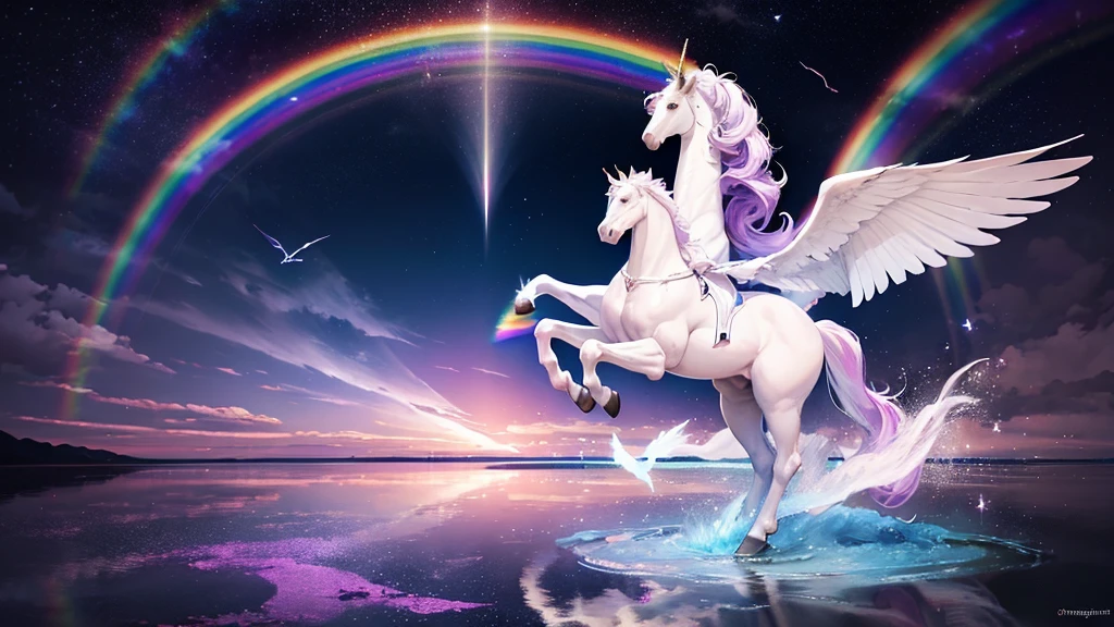 Draw two white horses with wings in purple sky, unicorns, With wings)ethereal rainbows, Rainbow reflections, Rainbow reflections, Rainbow reflections, pegasus, In a mysterious scene, unicorn, Magical and mysterious, heaven on earth, author:Caroline Chariot-Dayez, Cindy Wright, glitters. fantasy, beautiful dreamy breathtaking, Ethereal aurora spirit, beautiful fantasy, magic fantasy highly detailed