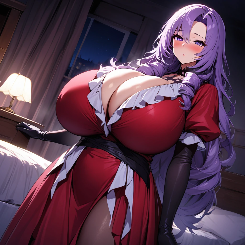 salome,1girl,solo,purple hair color,purple eyes,in a red dress with black gloves,Females in heat,blush,gigantic huge breasts,looking at viewer,standing up,house at night,bed room