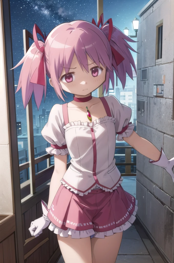 One Girl, alone, masterpiece, Highest quality,
        gloves, mahou shoujo madoka magica, Madoka Kaname, Madoka Kaname, Pink Eyes, Pink Hair, short hair, Twin tails, short Twin tails, Hair Ribbon, Red ribbon, Magical girl, choker, ribbon choker, soul gem, clavicle, Short sleeve, Puffy sleeves, puffy Short sleeve, Center frill, white gloves, Open back clothing, Scapula, Medium Chest, Bubble Skirt, Bow skirt,
          Cowboy Shot, ((Skirt flip)),((Panties in full view:1.5)),
          blush, Distorted facial expressions,
          Outdoor,night,alley