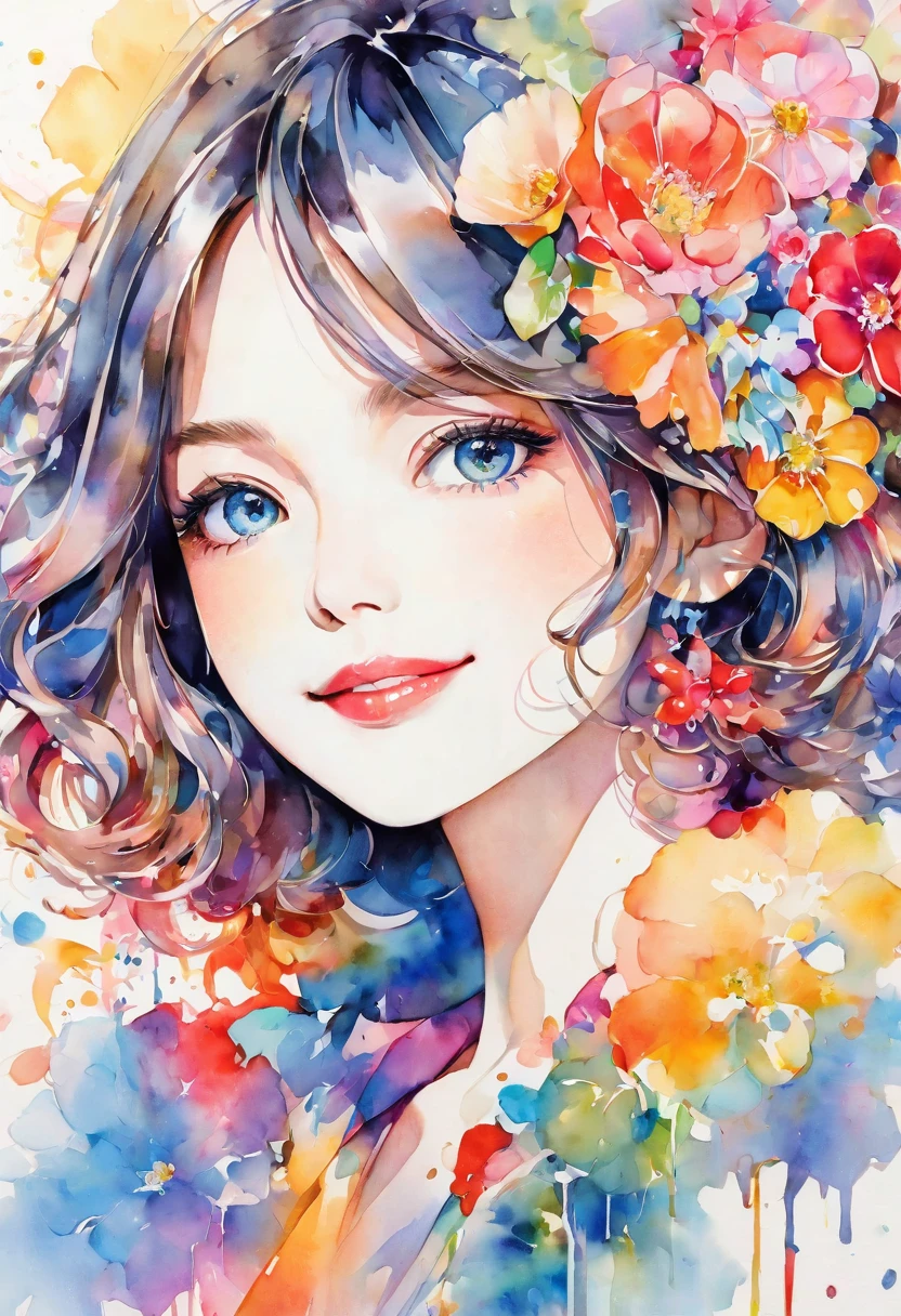 beautiful woman portrait, cute smile, upper body, Sylvia Pelissero watercolors, colorful flowers、beautiful eyes、 abstract art, intense watercolor, watercolor detailed art, watercolor splash, surreal, avant-garde pop art, Beautiful and expressive paintings, Beautiful artwork illustration, very colorful tones, wonderful, cool beauty, highest quality,official art, women only, sharp outline, best shot, vector art, lips in love、 (((The strongest beautiful women of all time))), (((Japanese)))、clear, (((highest quality))), lips in love, HDR, ((Detailed details)), stylish fashion, detailed clothing texture, (((graffiti art))), colorful hair, ((masterpiece))、((Super detailed))