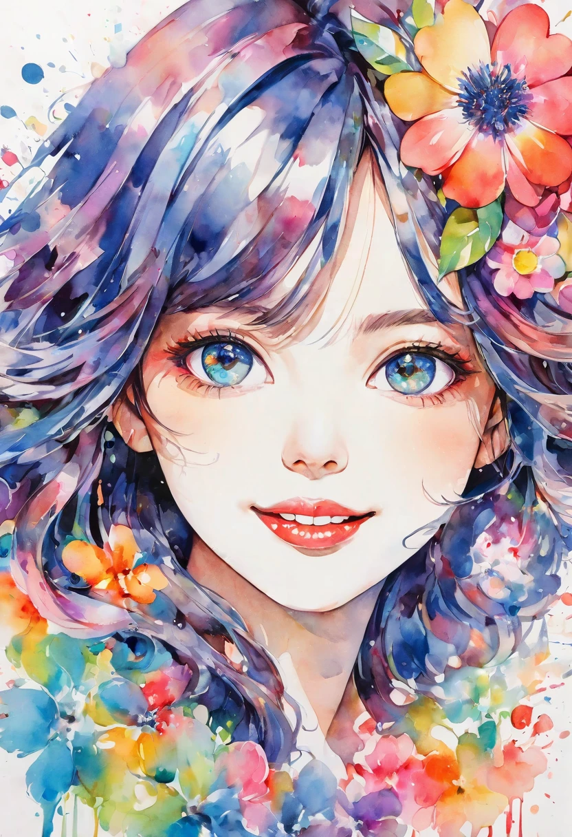 beautiful woman portrait, cute smile, upper body, Sylvia Pelissero watercolors, colorful flowers、beautiful eyes、 abstract art, intense watercolor, watercolor detailed art, watercolor splash, surreal, avant-garde pop art, Beautiful and expressive paintings, Beautiful artwork illustration, very colorful tones, wonderful, cool beauty, highest quality,official art, women only, sharp outline, best shot, vector art, lips in love、 (((The strongest beautiful women of all time))), (((Japanese)))、clear, (((highest quality))), lips in love, HDR, ((Detailed details)), stylish fashion, detailed clothing texture, (((graffiti art))), colorful hair, ((masterpiece))、((Super detailed))