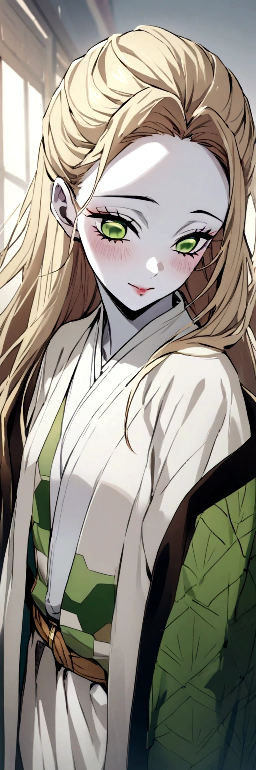 Masterpiece, Best Quality, a girl、white skin、light blonde hair、long hair、green eyes、wearing haori、smiley、Kimetsu no Yaiba 