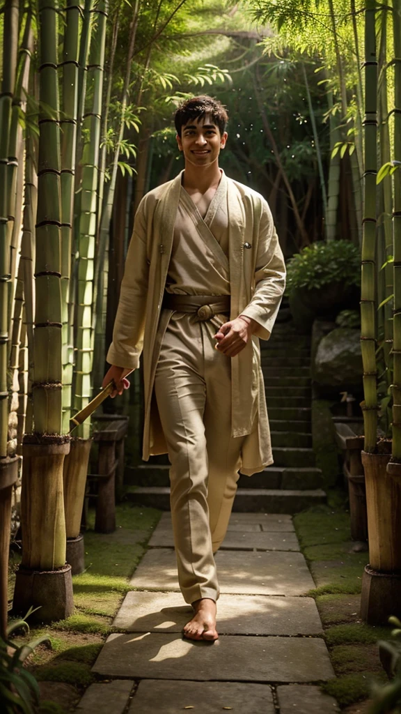 boys too,smile,beige robe,glabrous,His hand held a crowned baton.,stand on your feet,Facing the lens,Light shone into the dense bamboo forest.,stone path,moss,Universal high image quality, best quality,Very detailed,Masterpiece,Realistic style