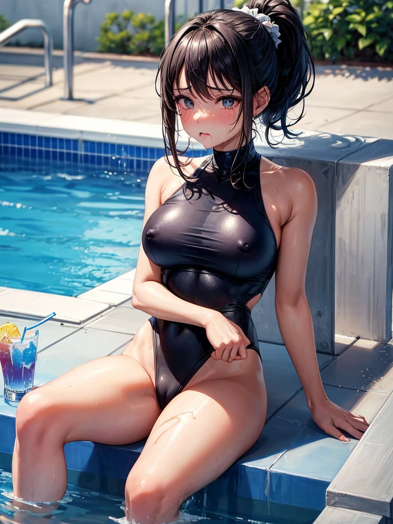 Highest quality,Highest Resolution,A beautiful girl in a leotard swimsuit with a crying face,Poolside at the competition pool,Black hair ponytail,Very beautiful eyes,(((Drink a drink))),Sweat profusely,Tears,Open your mouth wide and drool,Transparent nipples,whole body,Super High Leg,