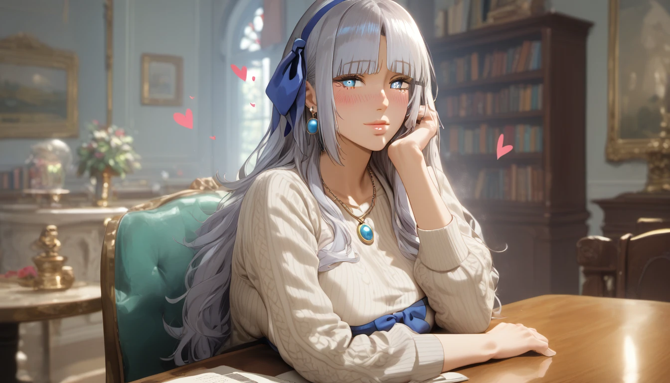 score_9, score_8_up, score_7_up, score_6_up, uncensored, mylene, long hair, silver hair, blue hairband, blue eyes, necklace, BREAK (masterpiece:1.2), best quality, high resolution, (detailed eyes:1.3), perfect lighting, (perfect hands, perfect anatomy), large breasts, hearts, pleasured, solo, blurry, 1girl, depth_of_field, earrings, blurry_background, breasts, jewelry, bookshelf, indoors, table, sweater, solo, looking_at_viewer, blurry_foreground, long_sleeves, closed_mouth, pantyhose, hand_on_own_cheek, breast_rest, ribbed_sweater