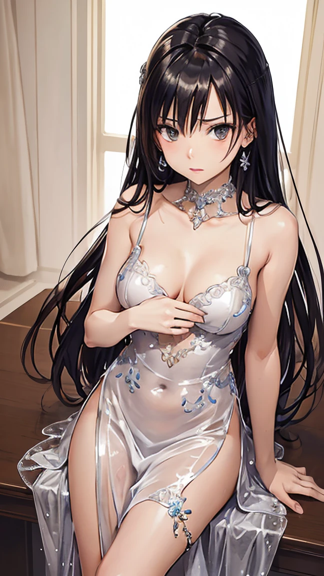 (Highest quality:1.2、Very detailed、up to date、vivid、Ultra-high resolution、High contrast、masterpiece:1.2、Highest quality、Best aesthetics)、Beautiful girl、Perfect body、blush、Closed lipakeup、((Beautiful breasts、tall、Slender Body、Small breasts))、Long silver hair、bangs、((embellished sexy dress))、((I am seducing you))、((logic))