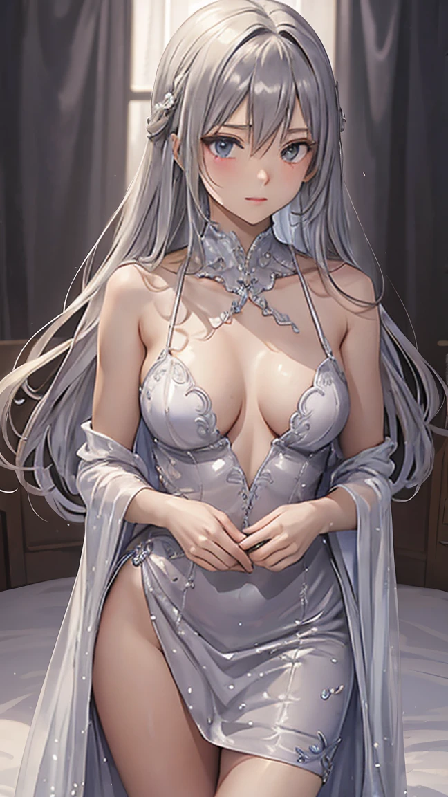 (Highest quality:1.2、Very detailed、up to date、vivid、Ultra-high resolution、High contrast、masterpiece:1.2、Highest quality、Best aesthetics)、Beautiful girl、Perfect body、blush、Closed lipakeup、((Beautiful breasts、tall、Slender Body、Small breasts))、Long silver hair、bangs、((embellished sexy dress))、((I am seducing you))、((logic))