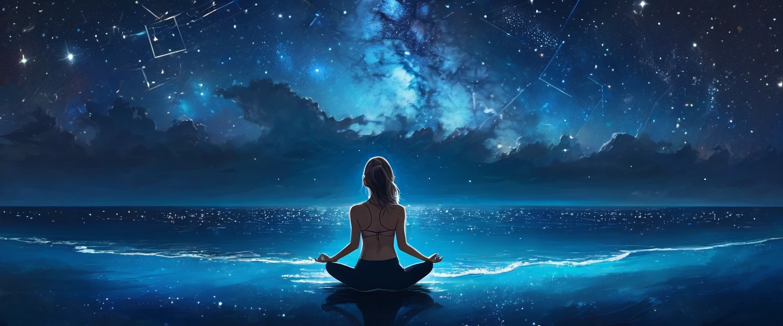Full body photo of a girl in lotus position,Anatomically correct,Sitting on the blue shore,Back view,The background is stars and the sea,night,Dark Blue Galaxy Style,Starlight,Female Star Spirit, conversion, Depth of written boundary, Dreamy atmosphere, Chaos in its most beautiful form, Grace