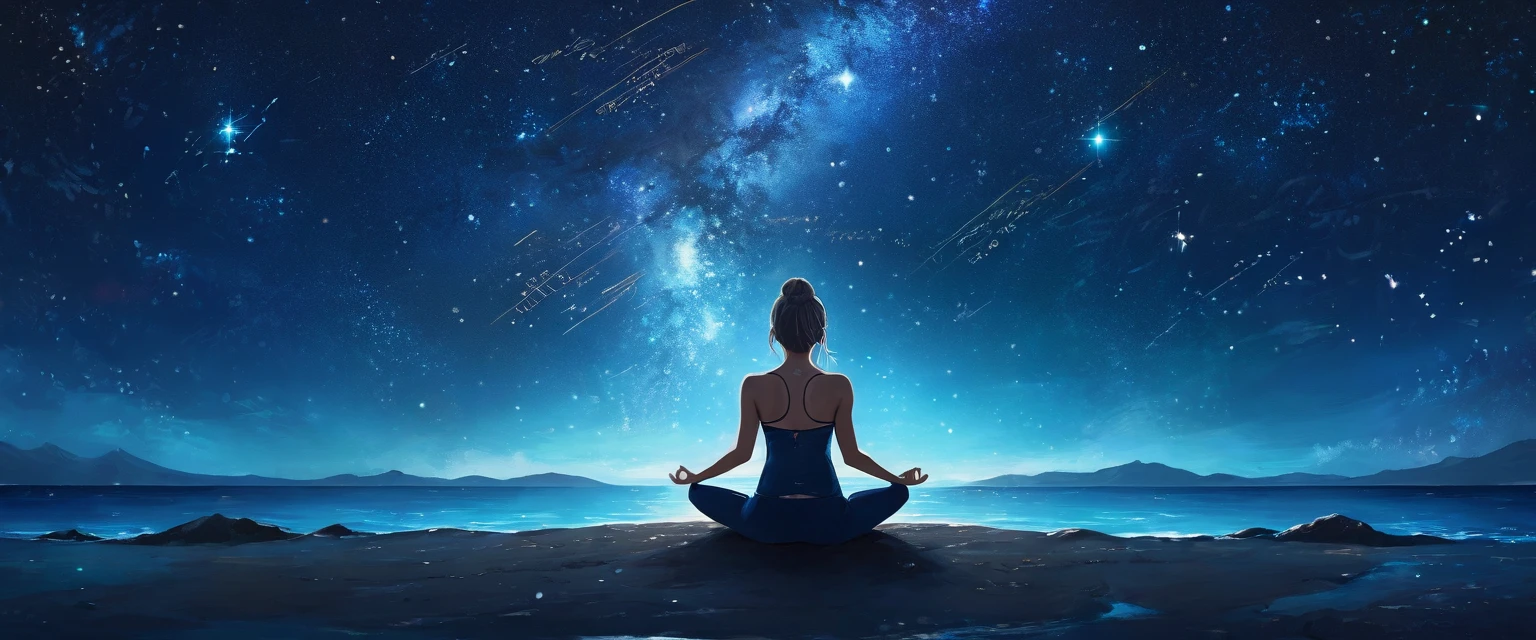 Full body photo of a girl in lotus position,Anatomically correct,Sitting on the blue shore,Back view,The background is stars and the sea,night,Dark Blue Galaxy Style,Starlight,Female Star Spirit, conversion, Depth of written boundary, Dreamy atmosphere, Chaos in its most beautiful form, Grace