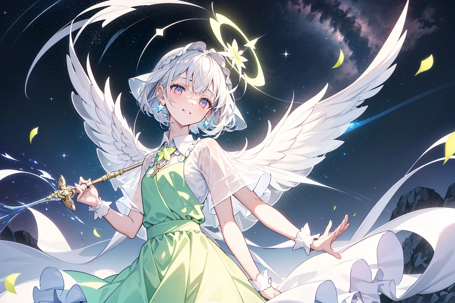 (best quality), (top-quality), (hight resolution), 8K images, (masterpiece), ((perfect face)), (detailed face), (detailed eyes), (clear lines), hair strand,Light skin, ((1girl)), ((solo)), beautiful fantasy anime, top rated on pixiv, (expressive eyes), (perfect eyes), (((bright light pink eyes))), perfect face, grinning, ((white silver hair)), (short white hair), braided bangs, hair over eyes, earrings, {{{{{{{super flat chest}}}}}}}, {{{{{{{flat chest}}}}}}}, (((((flat chest))))),(((lime green collar shirt))), (((lime green outfit))), (lime quinceanera dress), (ta fashion), (((long veil covering head))), (((gorgeous halo above head))), ((holding a silver wand with a lot of stars)),Award-winning photo,extremely detailed,finely detailled, wide shot, (beautiful detailed sky with a lot of stars),(galactic), (lots of beautiful and delicate water), offficial art, game spash art, ultra epic detailed sky, perfect lighting, a lot of ice, magic silver chains around, full body like, star rain, gorgeous background, from the balcony