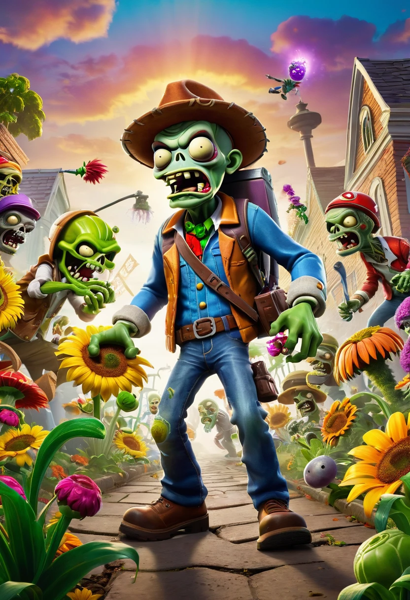 Masterpiece, The best quality, highres, 8k, vivid colors, Photography, plantas versus zombies, un zombie podrido invadiendo un Jardin