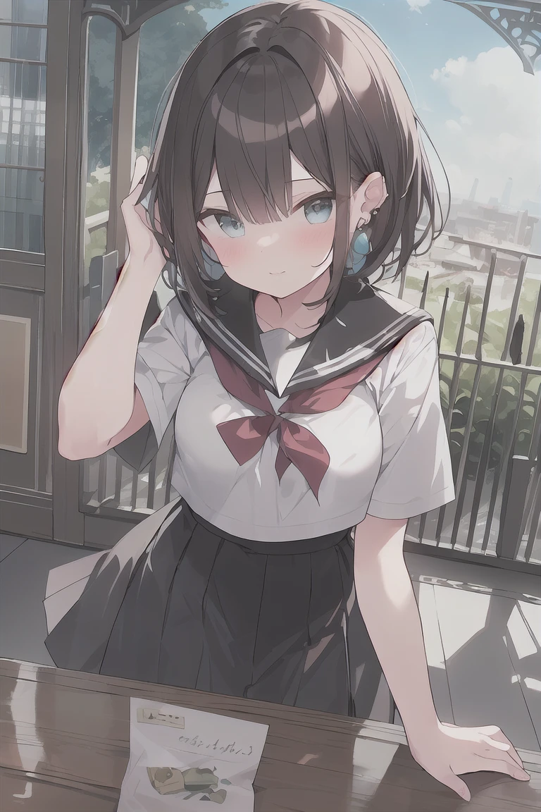 (best quality), (Super detailed), (Best Illustration), (masterpiece), score_9, score_8_up, score_7_up, 4k, (1woman), solo, high contrast, look at viewer, {(white serafuku:1.2)}, (large breasts), {(detailed eyes), blue eyes}, {brown hair, (sideburns), (bob cut:1.3), curly hair, hairs between eyes, colored inner hair}, blush, earring, wind, (panoramic view:1.3)