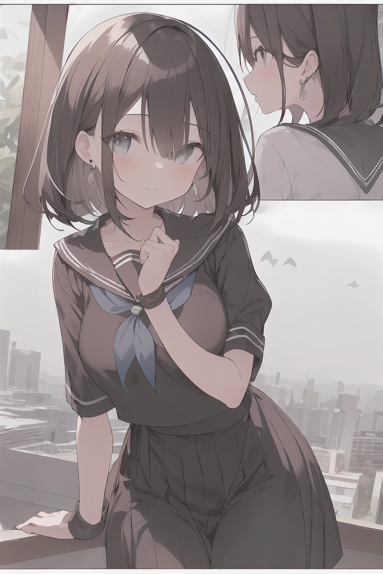 (best quality), (Super detailed), (Best Illustration), (masterpiece), score_9, score_8_up, score_7_up, 4k, (1woman), solo, high contrast, look at viewer, {(white serafuku:1.2)}, (large breasts), {(detailed eyes), blue eyes}, {brown hair, (sideburns), (bob cut:1.3), curly hair, hairs between eyes, colored inner hair}, blush, earring, wind, (panoramic view:1.3)