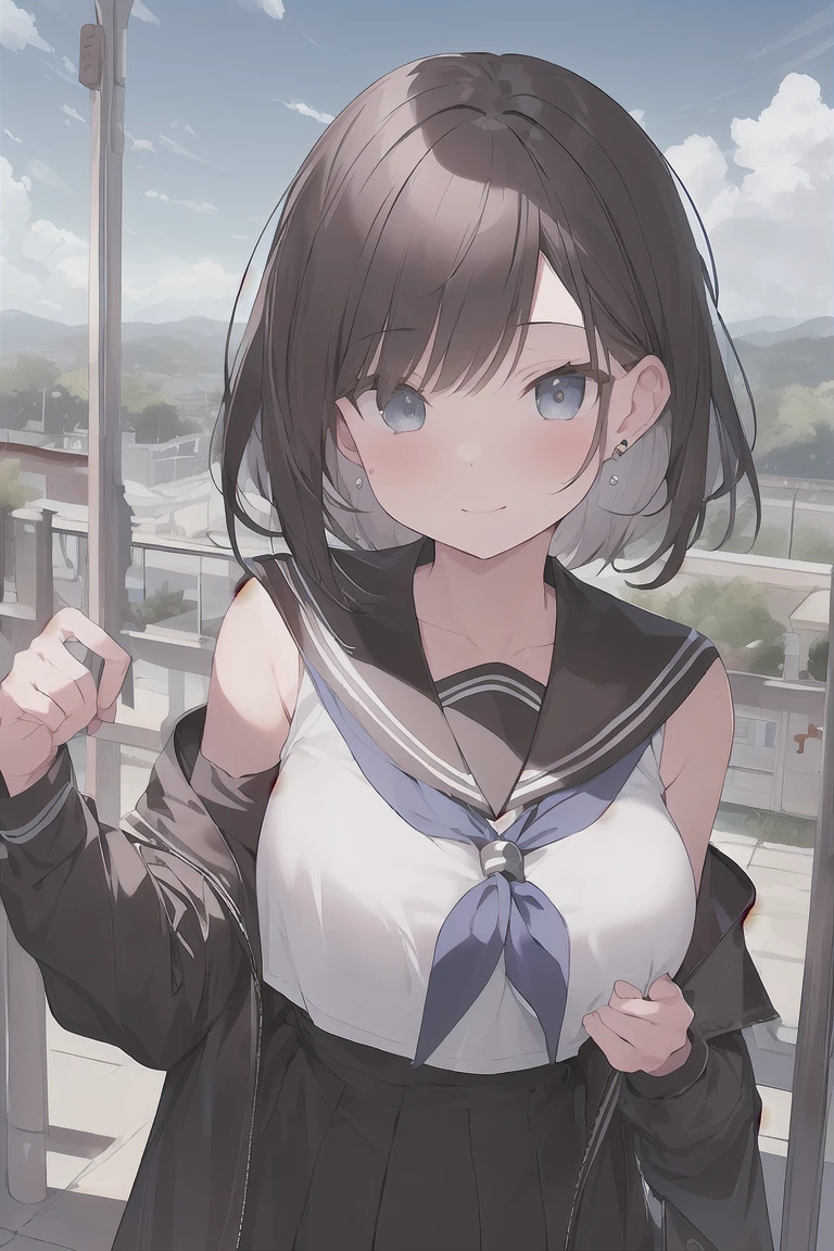 (best quality), (Super detailed), (Best Illustration), (masterpiece), score_9, score_8_up, score_7_up, 4k, (1woman), solo, high contrast, look at viewer, {(white serafuku:1.2)}, (large breasts), {(detailed eyes), blue eyes}, {brown hair, (sideburns), (bob cut:1.3), curly hair, hairs between eyes, colored inner hair}, blush, earring, wind, (panoramic view:1.3)
