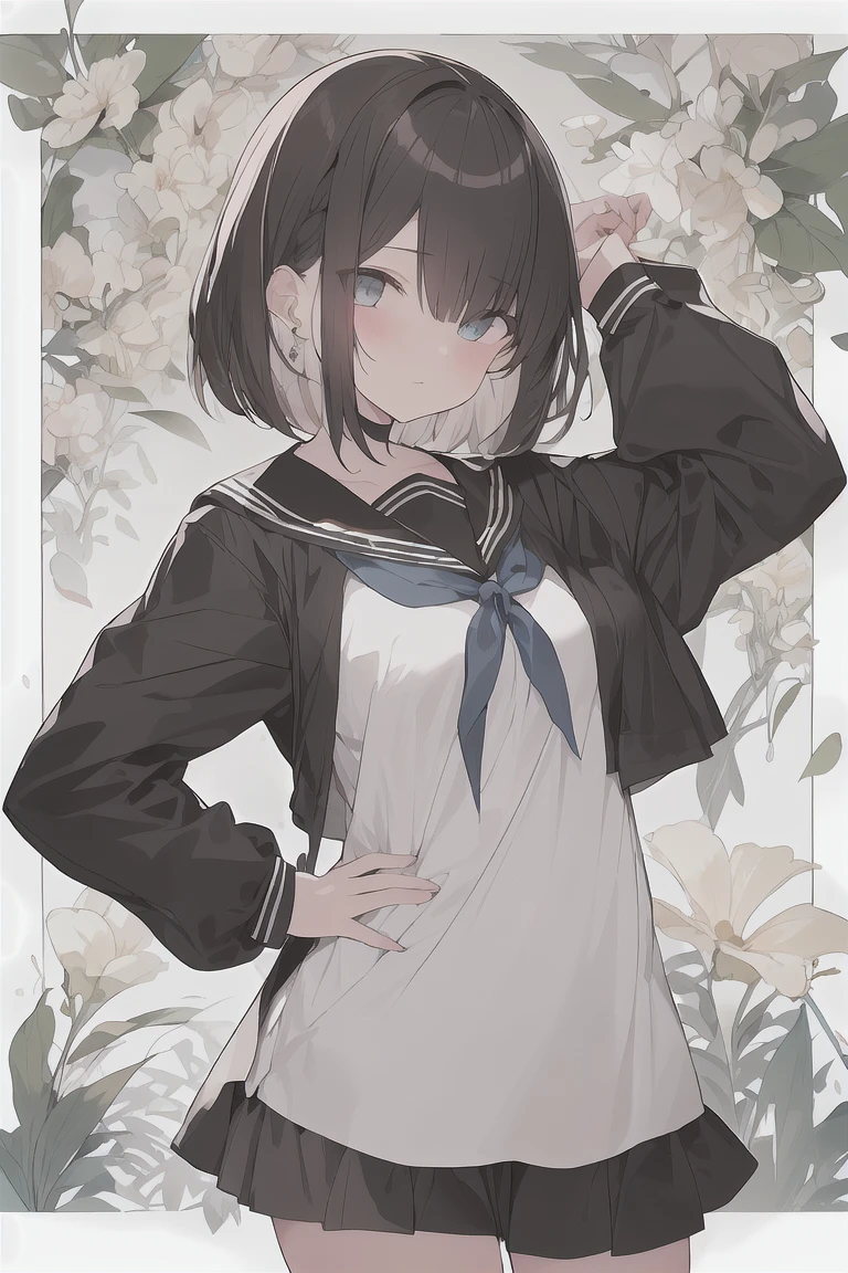 (best quality), (Super detailed), (Best Illustration), (masterpiece), score_9, score_8_up, score_7_up, 4k, (1woman), solo, high contrast, look at viewer, {(white serafuku:1.2)}, (large breasts), {(detailed eyes), blue eyes}, {brown hair, (sideburns), (bob cut:1.3), curly hair, hairs between eyes, colored inner hair}, blush, earring, wind, (panoramic view:1.3)