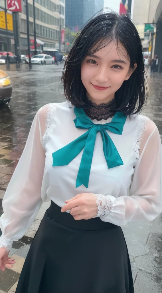 girl 17-year-old Hairstyle Casual, F Cup Breasts with glasses wearing crewneck dress in house