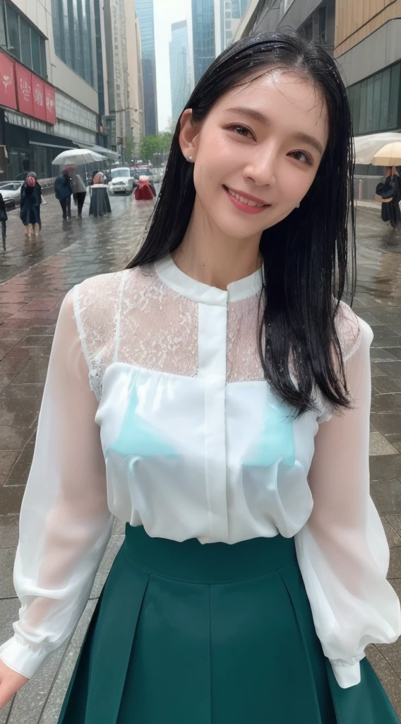 highest quality, masterpiece, Ultra-high resolution, realistic:1.3, solo:1.3, ((Clear Face)), cowboy shot, from front, leaning forward, (glowing skin), (looking at camera:1.3), (white blouse, black mini skirt), standing at street, (medium chest:1.3), long hair, smile, soft brightness
