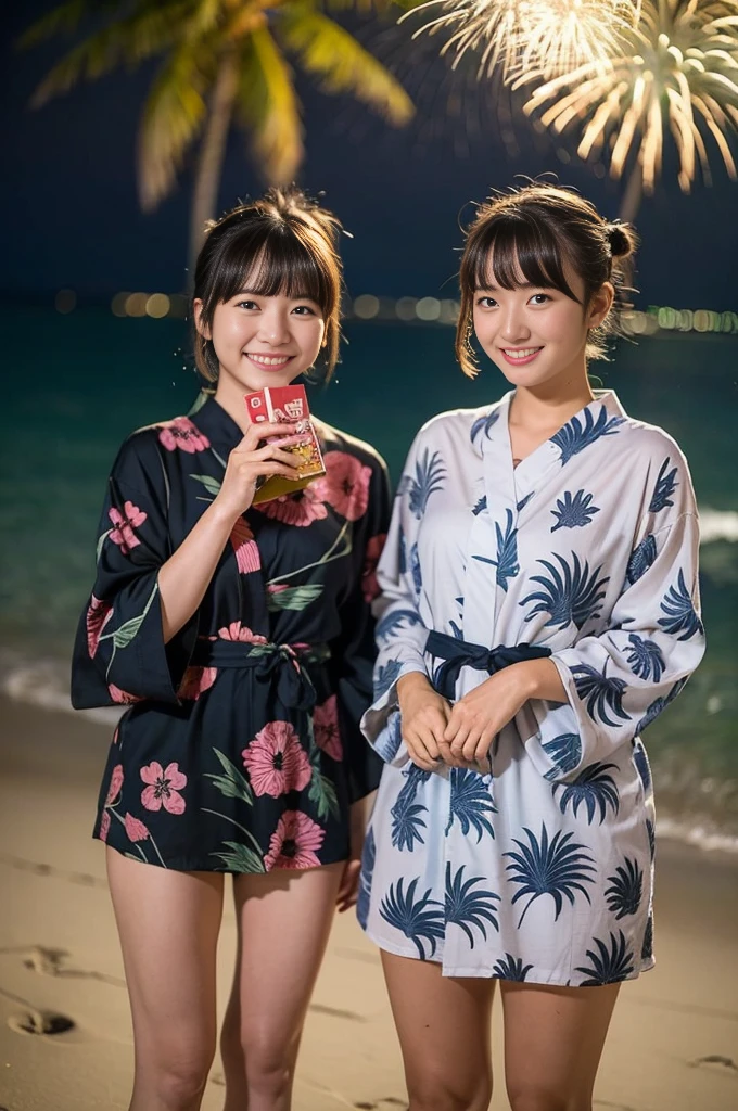 ((Japan girl in yukata-style high-leg swimsuit)),18year old,bangss,Thin eyebrows,a little bit smile,short cut hair,pigtail,thighs thighs thighs thighs,no lip rouge,sand beach,night,fireworks,2 persons