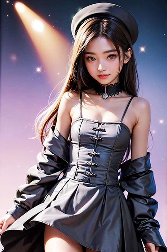Perfect human body modeling, 1 girl, cute girl, pretty face, bitter smile, , Beautiful gray long hair, beautiful light brown eyes, flat chest, small build, No muscles, white skin, wizard, Big magic wand, gothic skirt, magical girl, little Medieval Dress, Princess Dresses, Big black hat, light particles, light sparkles, lens flare, Light particles, Magic light, strong light